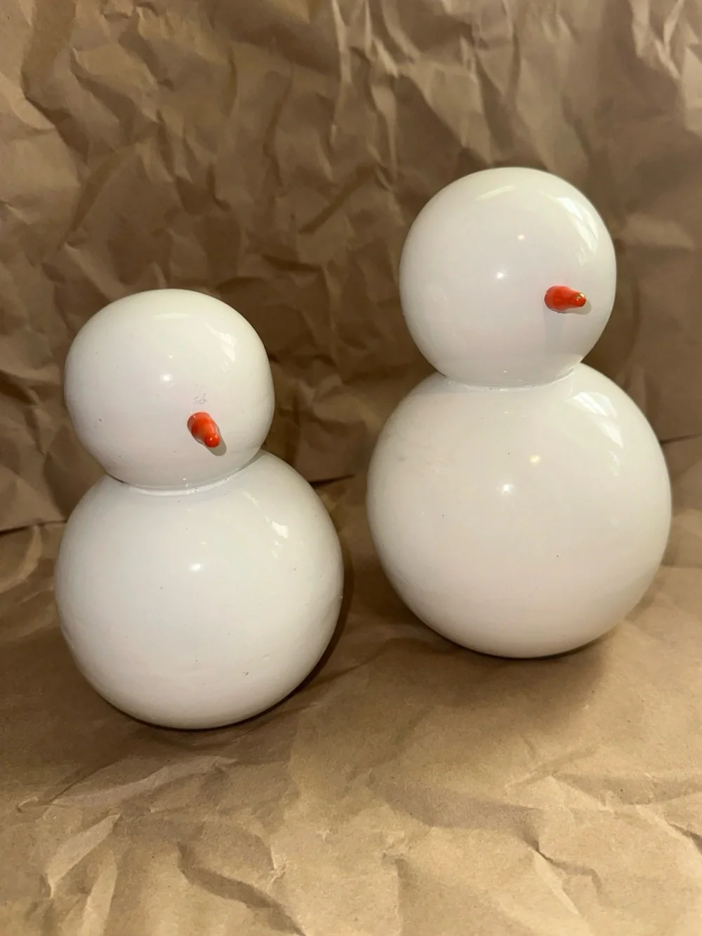 West Elm White glass/Lacquer 5” & 6”Snowman Figurines - Set of 2